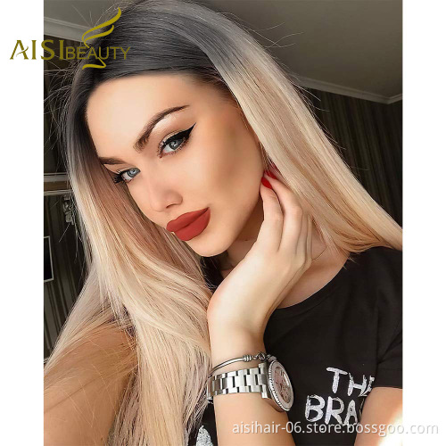 Aisi Beauty Popular Vendor Cheap Long Straight Ombre Blonde Wig Lace Frontal Synthetic Hair For Black Women Lace Front Wig